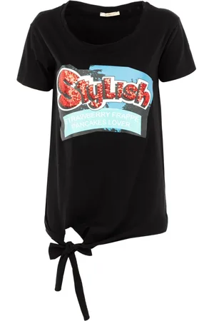 Fracomina Koszulki, Kobieta, Czarny, S, Krótki Rękaw Wzorzysty T-Shirt z Kokardą