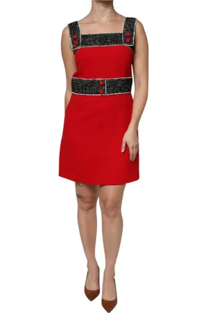 Dolce & Gabbana Sukienki, Kobieta, Czerwony, M, Nylon, Czerń Czerwony Wełniany Rozkloszowany Mini Sukienka