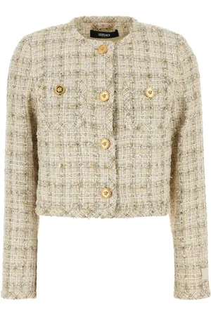 VERSACE Kurtki, Kobieta, Beżowy, S, Tweed, Stylowy Wielokolorowy Blezer Tweed
