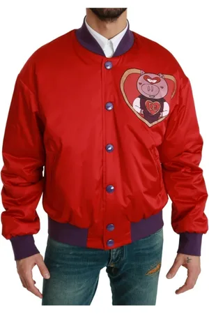 Dolce & Gabbana Kurtki, Mężczyzna, Czerwony, XL, Czerwona Kurtka Bomber z Wielokolorowym Motywem Świni