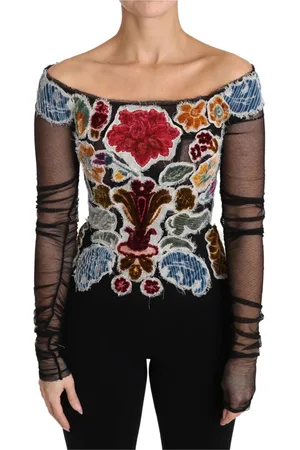 Dolce & Gabbana Koszulki, Kobieta, Wielobarwność, 2XS, Bawełna, Elegancka bluzka z kwiatowymi aplikacjami