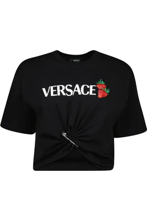 VERSACE Koszulki, Kobieta, Czarny, S, Nowoczesny crop top z truskawkowym nadrukiem