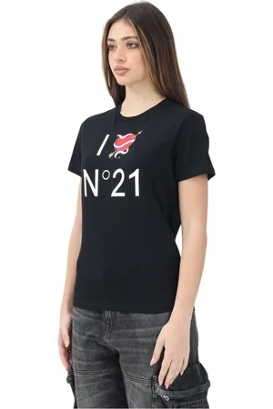 Nº21 Koszulki, Kobieta, Czarny, XS, Czarna Graficzna Koszulka z Miłością