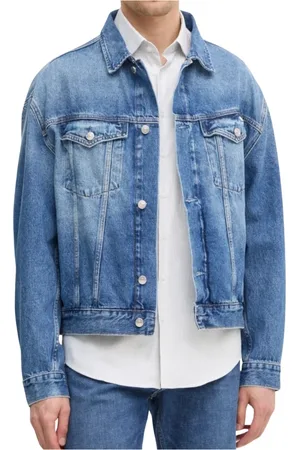 Calvin Klein Kurtki, Mężczyzna, Niebieski, L, Dżins Guziki Skórzana Naszywka