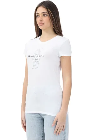 Armani Exchange Koszulki, Kobieta, Biały, XL, Bawełna, Biała koszulka damska z krótkim rękawem Nowoczesny design