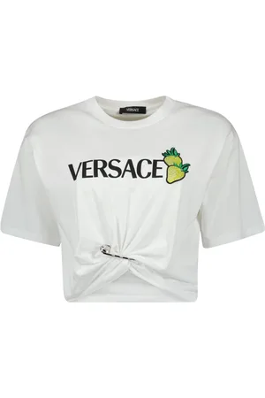 VERSACE Koszulki, Kobieta, Biały, XS, Crop top z truskawkowym nadrukiem