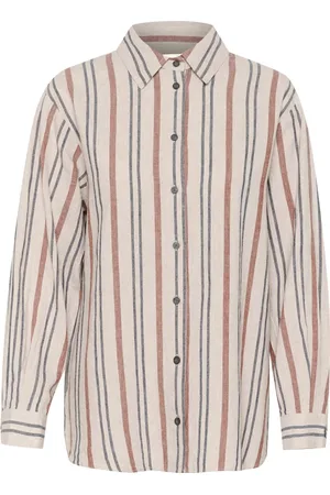 INWEAR Bluzki, Kobieta, Wielobarwność, S, Len, Oversized Koszula w Paski z Kołnierzykiem
