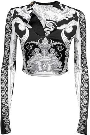 VERSACE Koszulki, Kobieta, Czarny, M, Długi rękaw crop top z nadrukiem