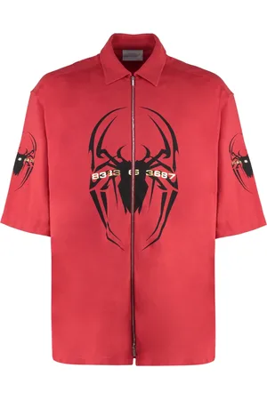 Vetements Koszule, Mężczyzna, Czerwony, XS, Spider Bawełniany T-shirt z Bocznymi Szczelinami