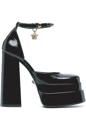 VERSACE Buty, Kobieta, Czarny, 38 1/2 EU, Skórzane sandały na platformie z głową Meduzy