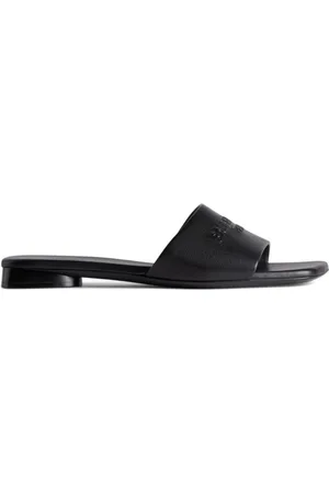 Balenciaga Buty, Kobieta, Czarny, 36 EU, Len, Logo Płaskie Skórzane Sandały Damskie