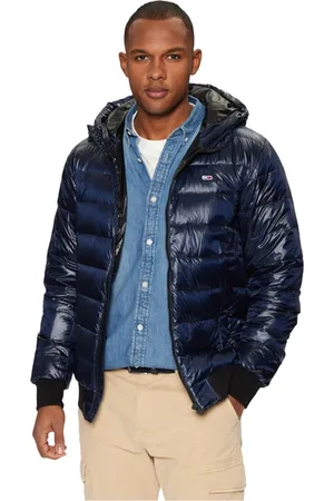 Tommy Hilfiger Kurtki, Mężczyzna, Niebieski, L, Niebieska Kurtka Puchowa z Kapturem