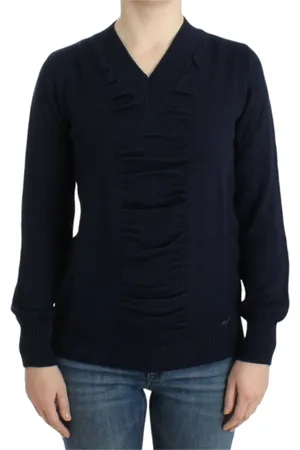 Costume National Swetry, Kobieta, Niebieski, S, Wełna, Elegancki Sweter z Dekoltem w Kształcie Litery V w Ciemnym Niebieskim