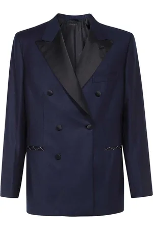 BRIONI Kurtki, Mężczyzna, Niebieski, XL, Rayon, Marynarka z podwójnym rzędem guzików z wełny z jedwabnym kołnierzem