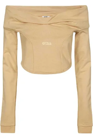 GCDS Koszulki, Kobieta, brązowy, L, Bawełniany Crop Top z Odkrytymi Ramionami