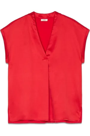 Oltre Bluzki, Kobieta, Czerwony, 2XL, Bawełna, T-shirt z dwóch różnych materiałów z dekoltem w serek