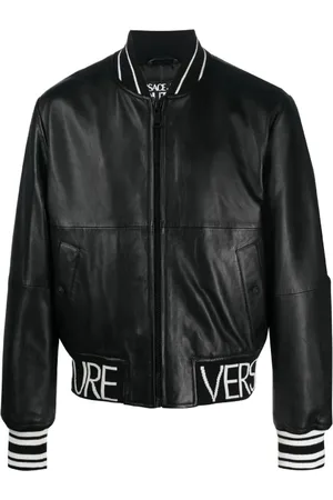 VERSACE Kurtki, Mężczyzna, Czarny, M, Skóra, Czarna Skórzana Kurtka Bomber