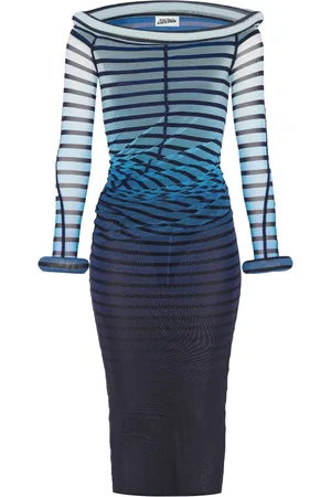 Jean Paul Gaultier Sukienki, Kobieta, Niebieski, M, Niebieska Sukienka w Paski z Dekoltem w Kształcie Łodzi