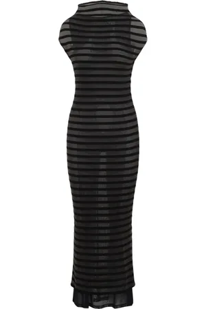 Jean Paul Gaultier Sukienki, Kobieta, Czarny, XS, Nylon, Długa sukienka w paski z nylonu i wiskozy