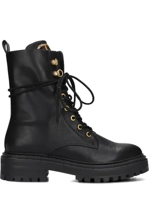 Twin-Set Buty, Kobieta, Czarny, 40 EU, Skóra, Botki sznurowane ze złotymi detalami