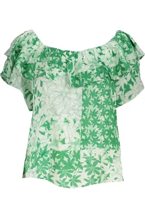 Desigual Bluzki, Kobieta, Zielony, XS, Zielona wzorzysta koszulka Boho Chic z logo