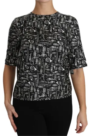 Dolce & Gabbana Bluzki, Kobieta, Czarny, XS, Wyśmienita jedwabna bluzka z nadrukiem trąbki