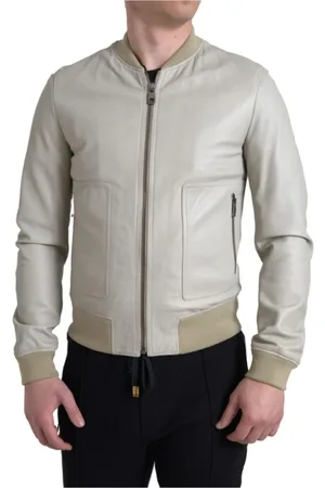 Dolce & Gabbana Kurtki, Mężczyzna, Wielobarwność, M, Skóra, Kremowa Skórzana Kurtka Bomber