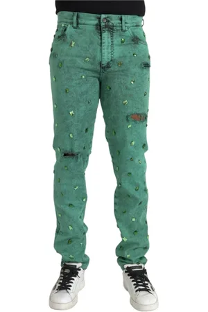 Dolce & Gabbana Jeansy, Mężczyzna, Zielony, L, Bawełna, Zielone Krystaliczne Dżinsy Skinny