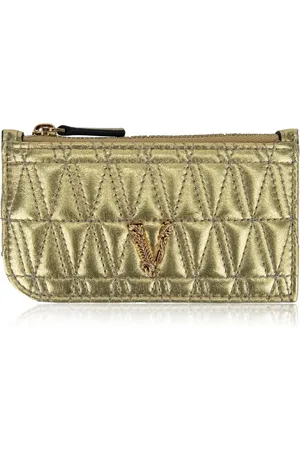VERSACE Akcesoria, Kobieta, Żółty, ONE SIZE, Złota Laminowana Portmonetka na Zamek
