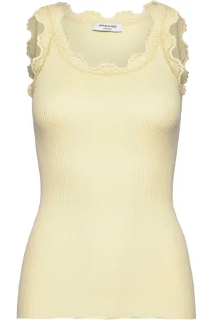 Rosemunde Koszulki, Kobieta, Beżowy, L, Bawełna, Pastel Yellow Koronkowy Top