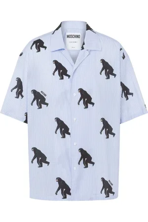 Moschino Koszule, Mężczyzna, Niebieski, L, Niebieska Koszula w Paski z Grafiką