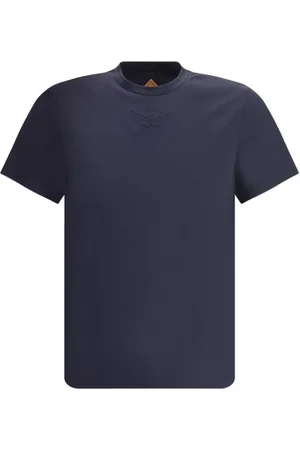 MCM Koszulki, Mężczyzna, Niebieski, S, Ikoniczny Logo Bawełniany T-shirt z Dekoltem