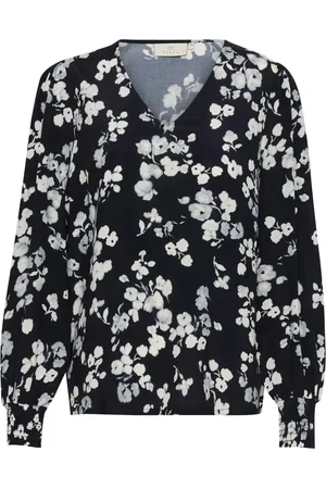 Kaffe Bluzki, Kobieta, Czarny, 3XL, Bluzka Marine Flower Stylowy Dekolt V