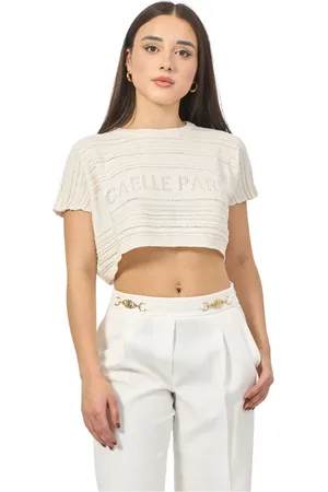 GAËLLE Koszulki, Kobieta, Beżowy, M, Koronkowy perforowany t-shirt z logo