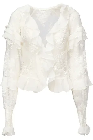For Love & Lemons Bluzki, Kobieta, Biały, L, Nylon, Biała Koronkowa Bluzka Wakacyjna z Falbaną