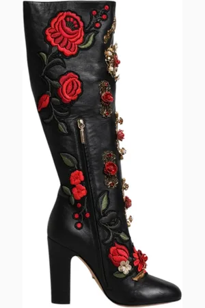 Dolce & Gabbana Buty, Kobieta, Wielobarwność, 39 EU, Czarne Kwiatowe Wysokie Kozaki