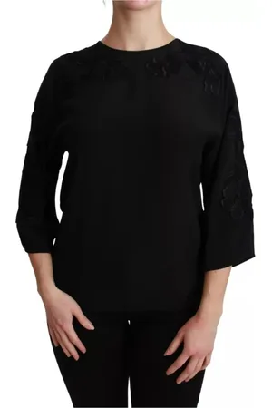 Dolce & Gabbana Bluzki, Kobieta, Czarny, L, Czarna Kwiatowa Jedwabna Bluzka z Haftem
