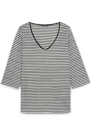 Fiorella rubino Koszulki, Kobieta, Czarny, S, Bawełna, T-shirt w paski z kryształkami
