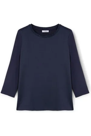 Motivi Koszulki, Kobieta, Niebieski, L, Poliester, Podstawowy T-shirt zrobiony z dwóch materiałów