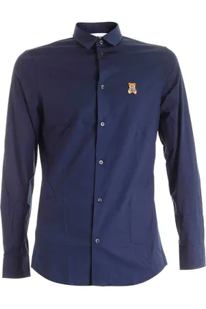 Moschino Koszule, Mężczyzna, Niebieski, M, Bawełna, Niebieska Koszula Slim z Naszywką Misia Teddy