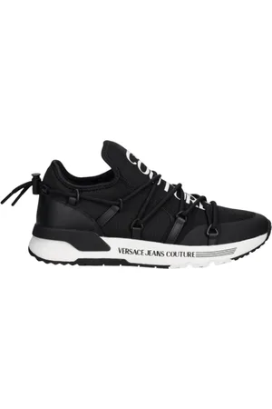 VERSACE Buty, Mężczyzna, Czarny, 42 EU, Czarne Sneakersy z Złotym Nadrukiem Logo