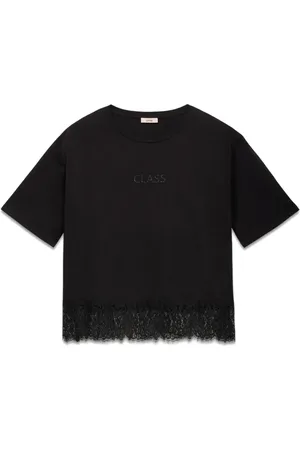 Oltre Koszulki, Kobieta, Czarny, S, Bawełna, T-shirt z koronką i aplikacją z literami