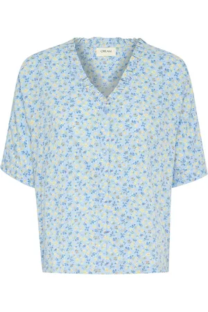 Cream Bluzki, Kobieta, Niebieski, 2XL, Kwiatowa koszula z krótkim rękawem niebiesko-żółta
