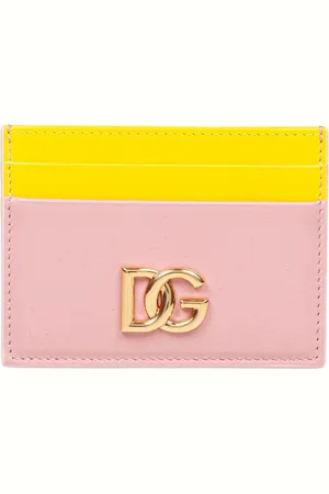 Dolce & Gabbana Akcesoria, Kobieta, Różowy, ONE SIZE, Skórzany uchwyt na karty różowy żółty logo DG