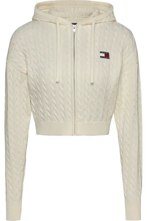 Tommy Hilfiger Bluzy, Kobieta, Biały, L, Bawełna, Biała Sweter z Kapturem i Zamkiem Błyskawicznym