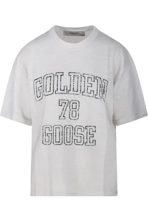 Golden Goose Koszulki, Kobieta, Biały, S, Len, Heritage Boxy T-Shirt z wewnętrznym nadrukiem