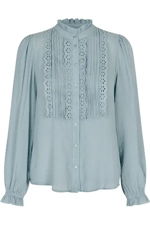 Lollys Laundry Bluzki, Kobieta, Niebieski, XS, Romantyczna Niebieska Koszula z Falbankami