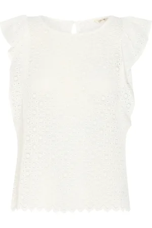 Cream Koszulki, Kobieta, Biały, XL, Bluzka bez rękawów z koronką broderie anglaise