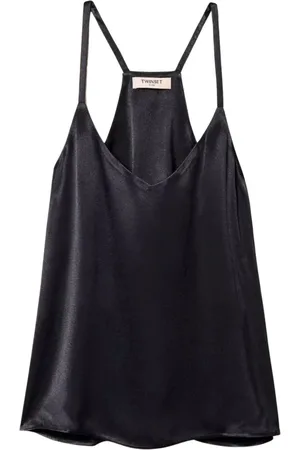 Twin-Set Koszulki, Kobieta, Czarny, XS, Czarny top z wiskozy z cienkimi ramiączkami