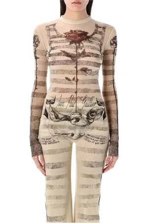 Jean Paul Gaultier Koszulki, Kobieta, Beżowy, M, Mesh Tattoo Mariner Topwear